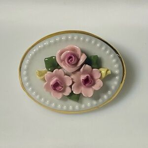 Vintage Floral Porcelain Brooch with Pink Roses